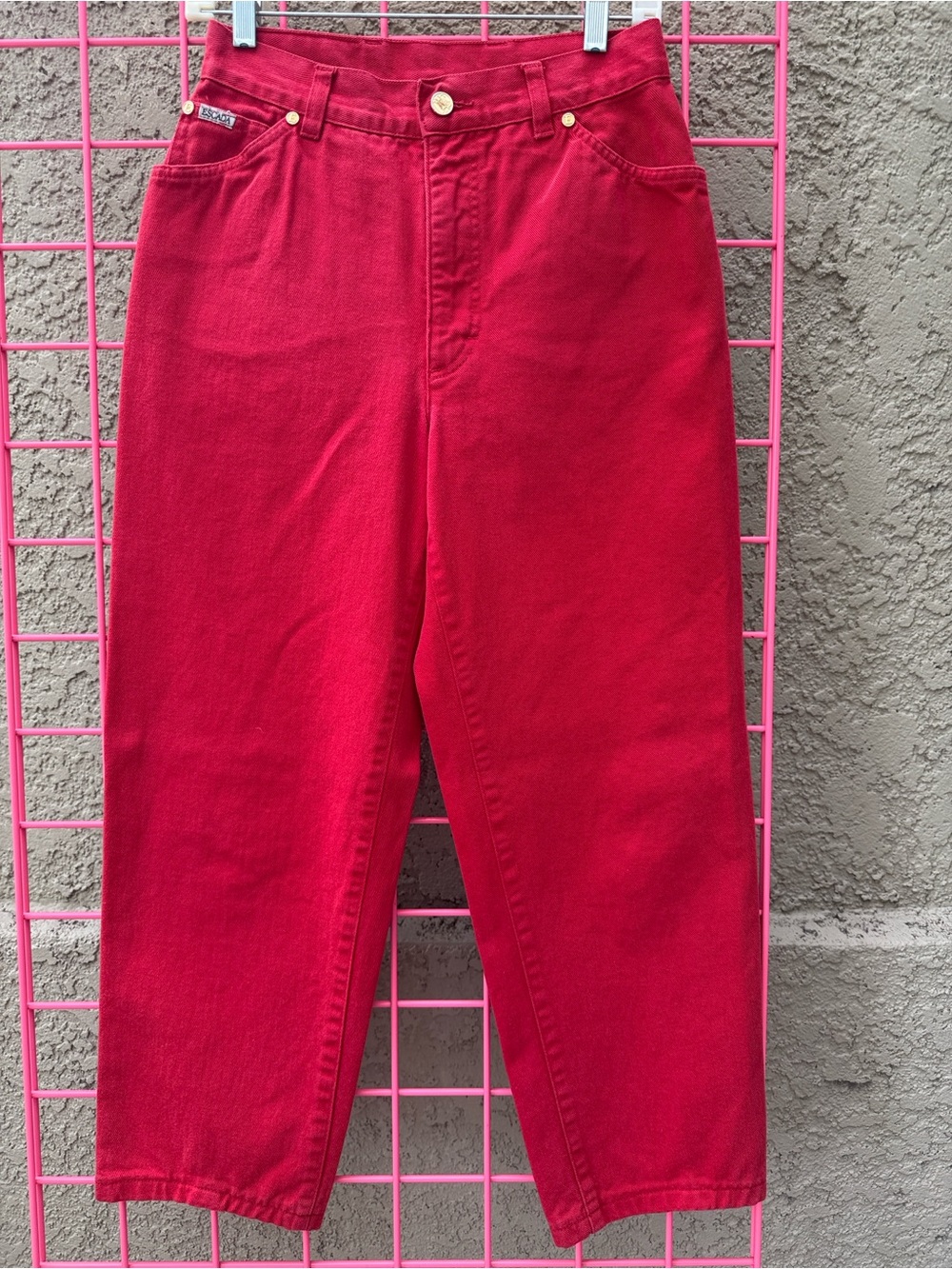Vintage 80’s deep red Escada high waisted jeans with exclusive gold hardware